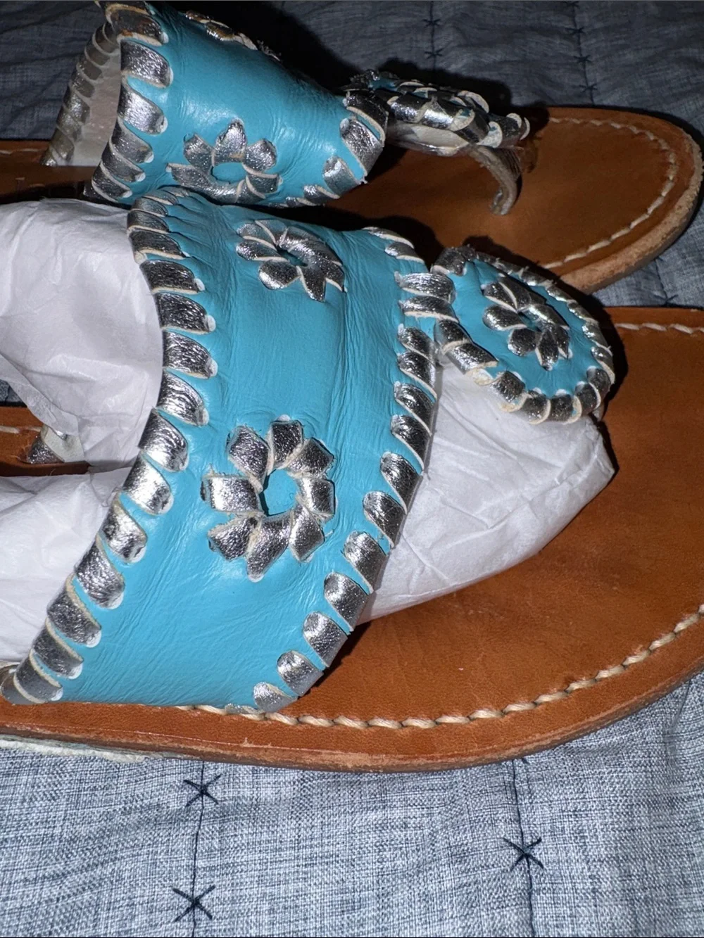 Jack Rogers Girls' Turquoise Leather Whipstitch Slide Sandals